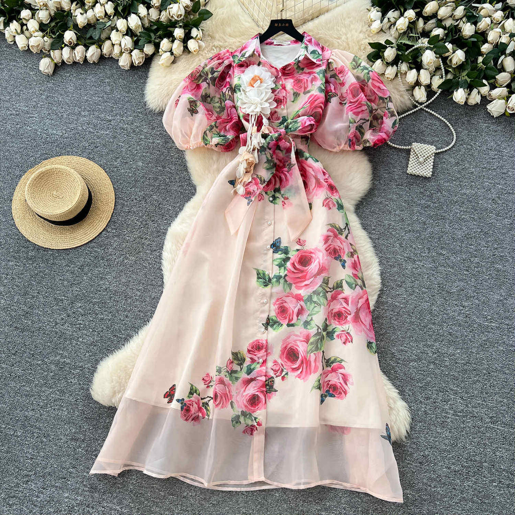 Blush Pink Organza Rose Garden Dress – Puff Sleeve Button-Down Maxi