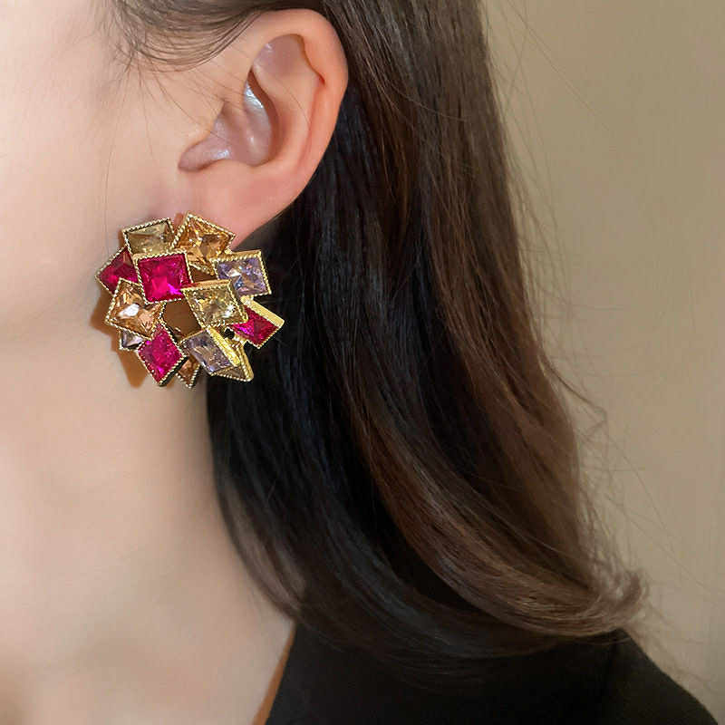 Bold Luxe Crystal Earrings – Multicolor Royal Square Cluster | 925 Silver Plated