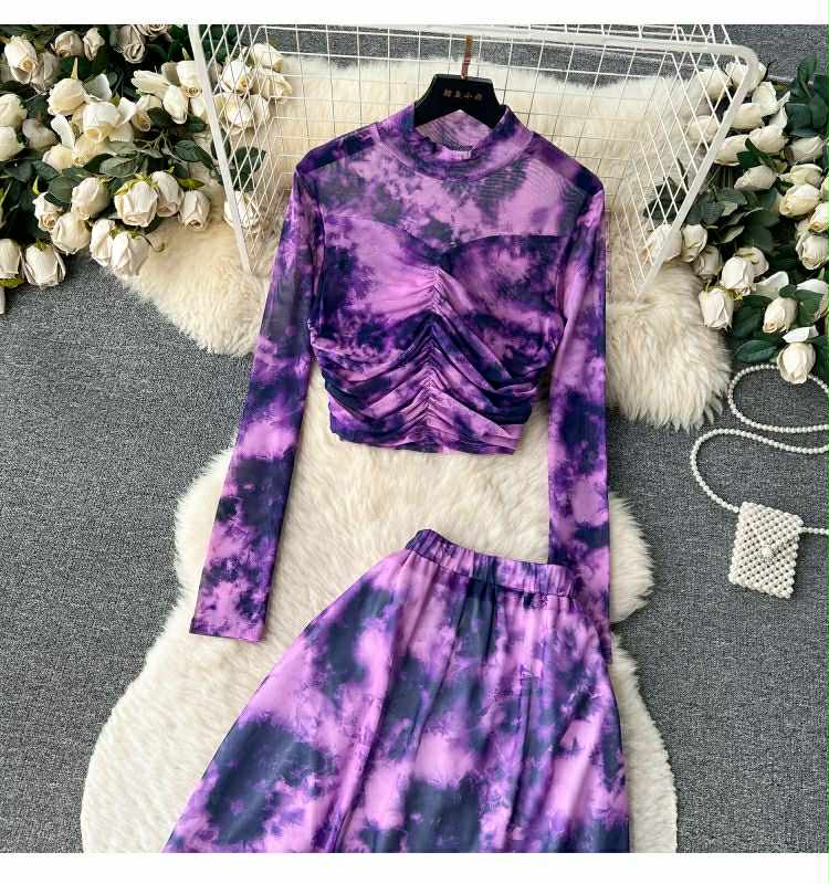 Purple Tie-Dye Ruched Crop Top & Maxi Skirt Set – 2 Piece