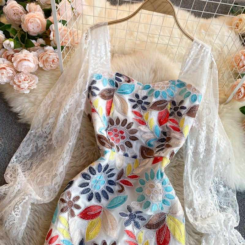Elegant Floral Embroidered Mesh Dress with Lace Sleeves