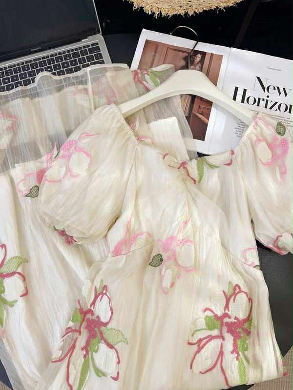 Floral Whisper Organza Dress – Ivory & Rose Embroidery
