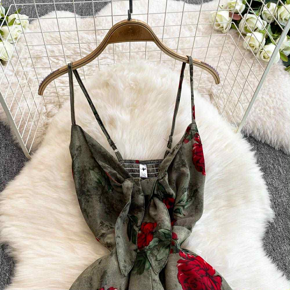 Vintage Olive Rose Dress – Red Floral Print Backless Gown