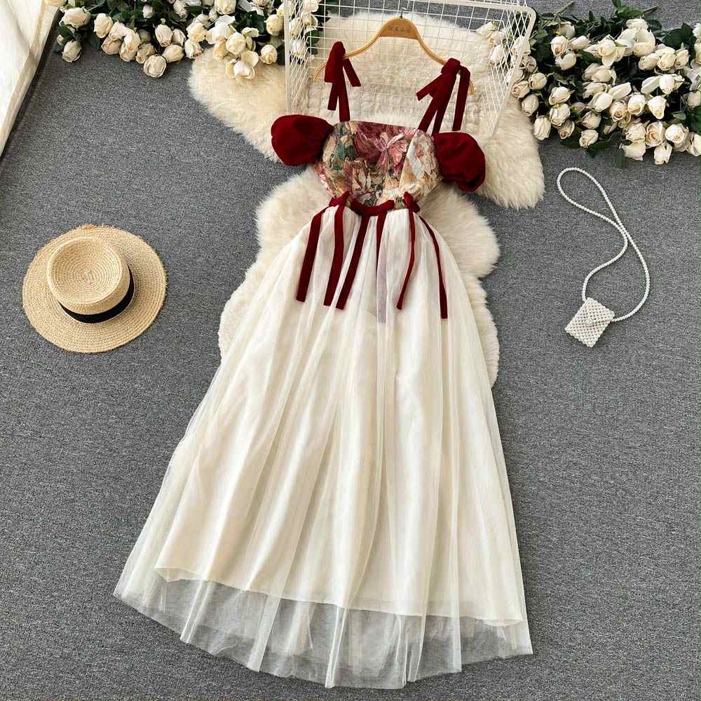 Vintage Floral Mesh Midi Dress – Elegant Boho Style