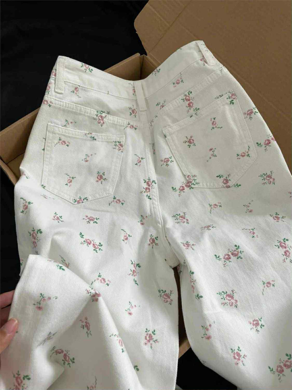 Vintage Rose Print White Denim Jeans